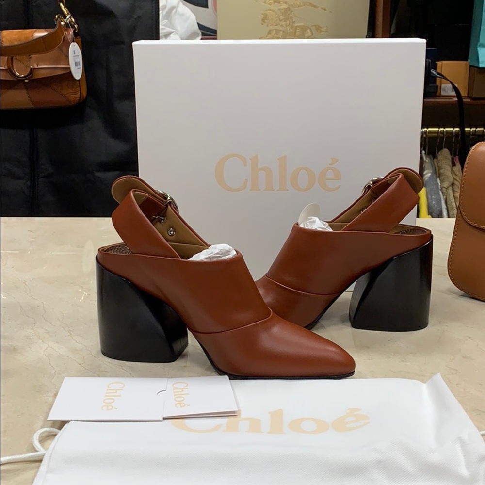 CHLOE WAVE SLINGBACK IN SEPIA BROWN LUXURY SMOOTH LEATHER WAVE HEEL SZ EU 38.5 - Picture 4 of 10